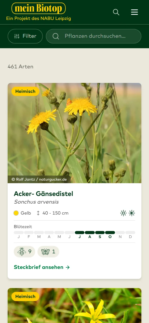 Artenliste von mein Biotop am Smartphone mit Filter, Suche und Steckbrief-Karte