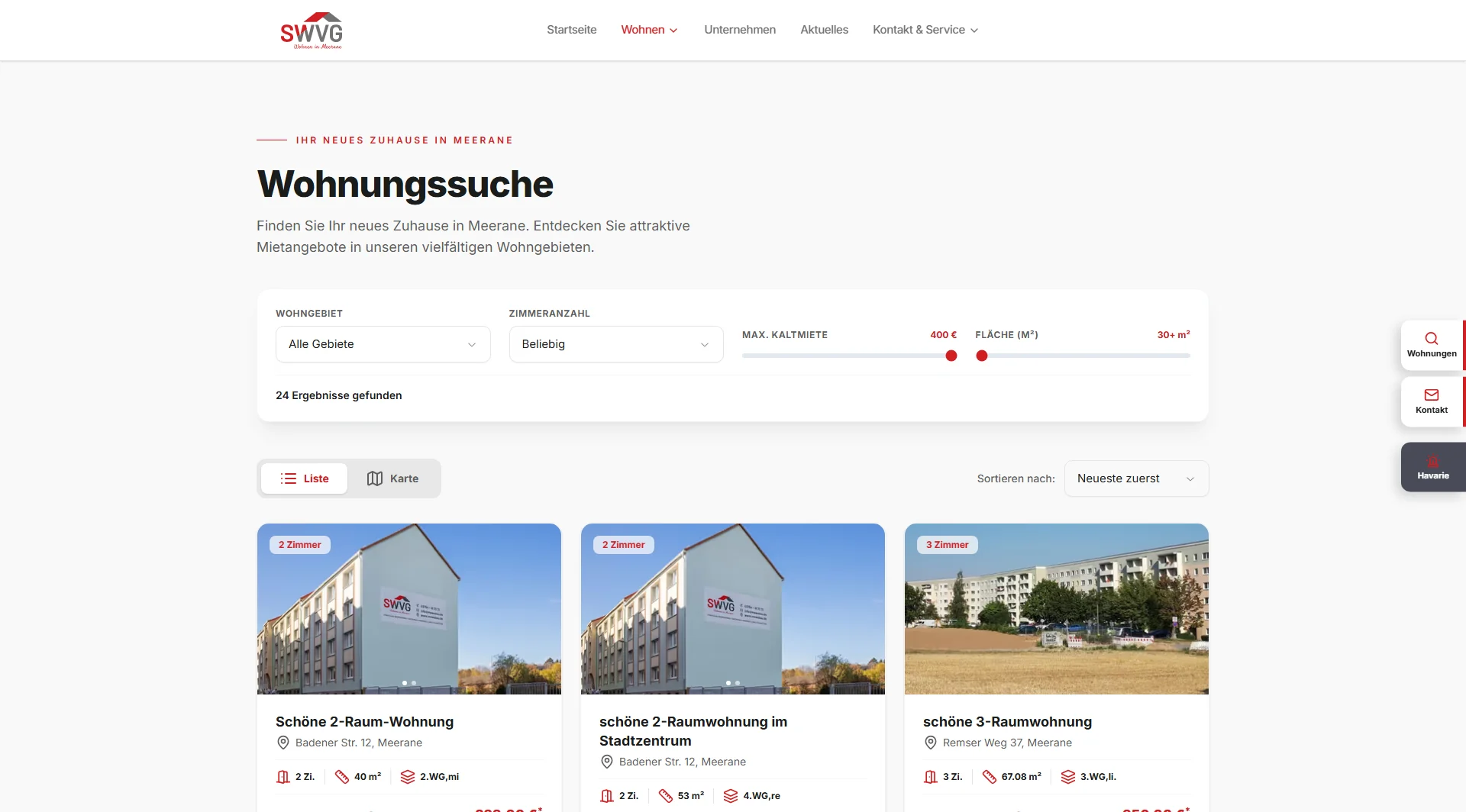 Wohnungssuche auf mewobau.de mit Filtern und Ergebnisliste
