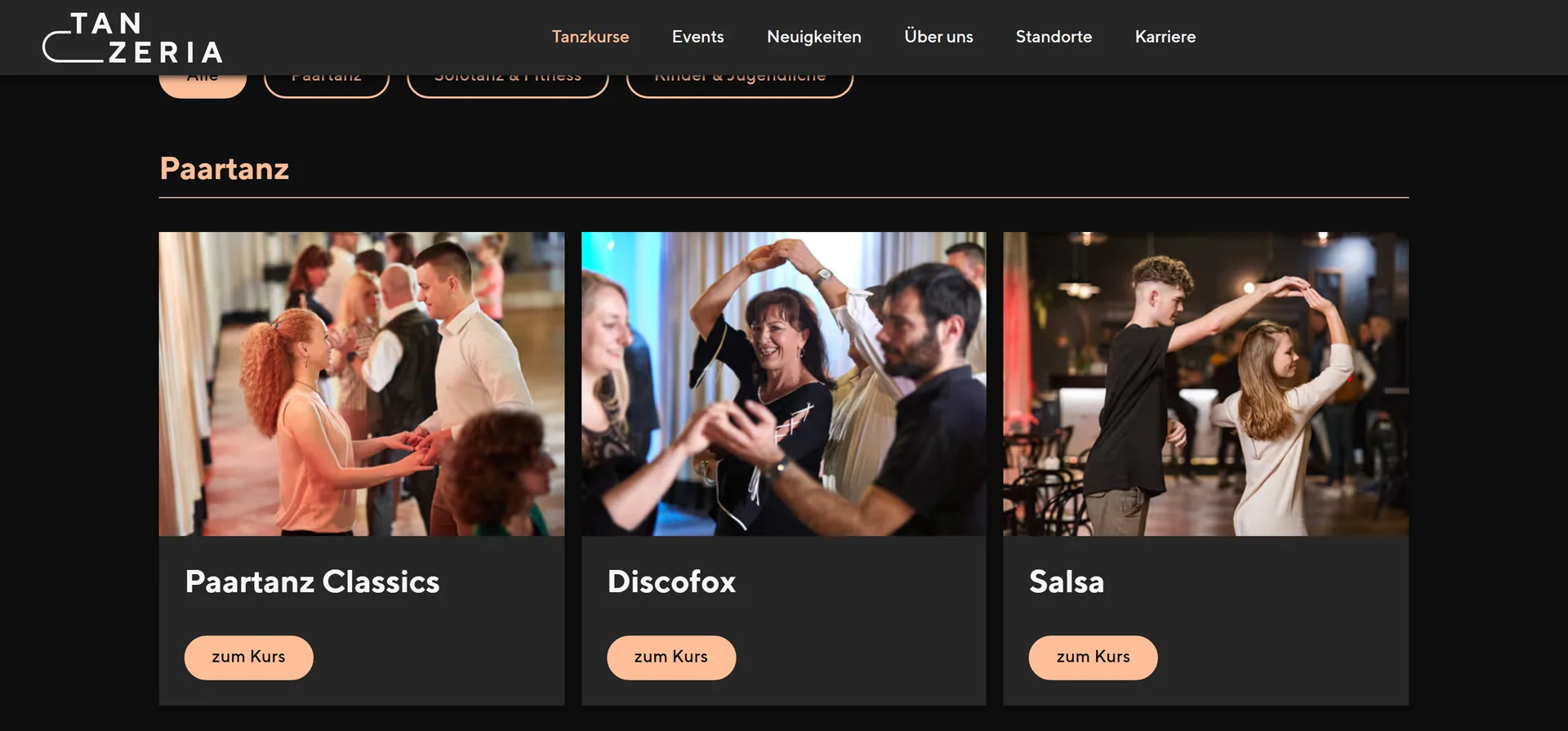 Kursübersicht auf tanzeria.com am Desktop: Paartanz-Kurse mit Fotos aus dem Shooting