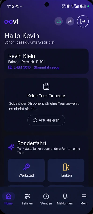 Startseite der Fahrer-App von oovi: Stammfahrzeug, Tour des Tages und Sonderfahrten für Werkstatt und Tanken
