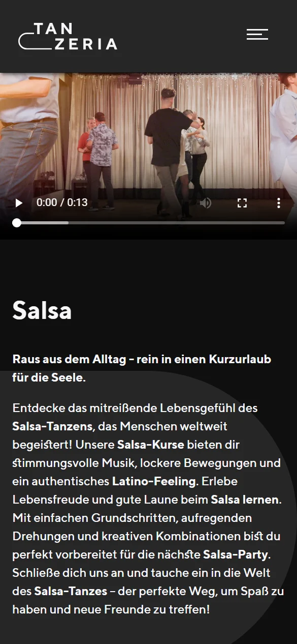 Kursseite Salsa am Smartphone mit Video aus dem Kurs