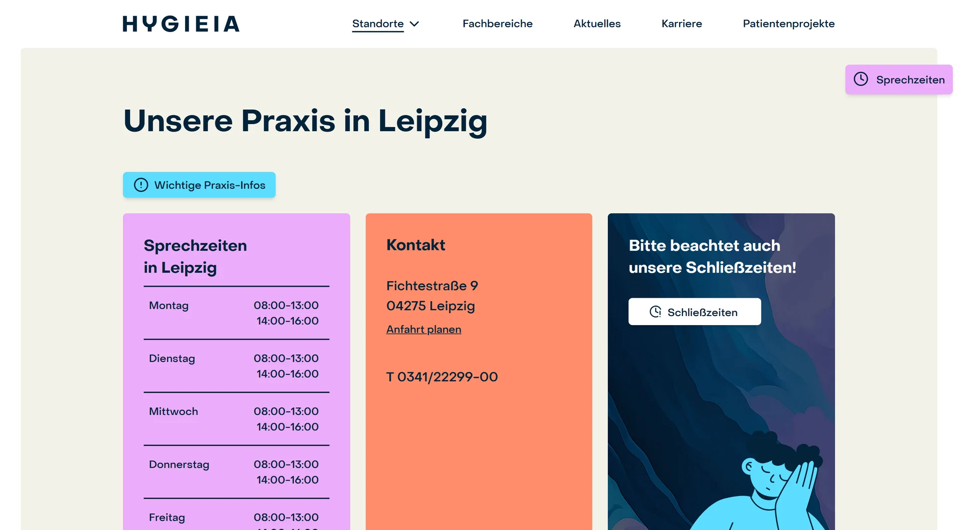 Standortseite Leipzig auf hygieia.net mit Sprechzeiten und Kontakt