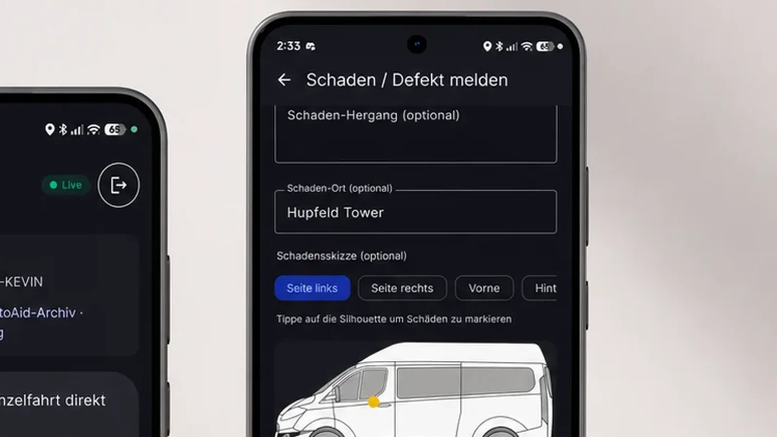 Schadensmeldung mit Fahrzeugsilhouette und Stopp-Verlauf in der Fahrer-App