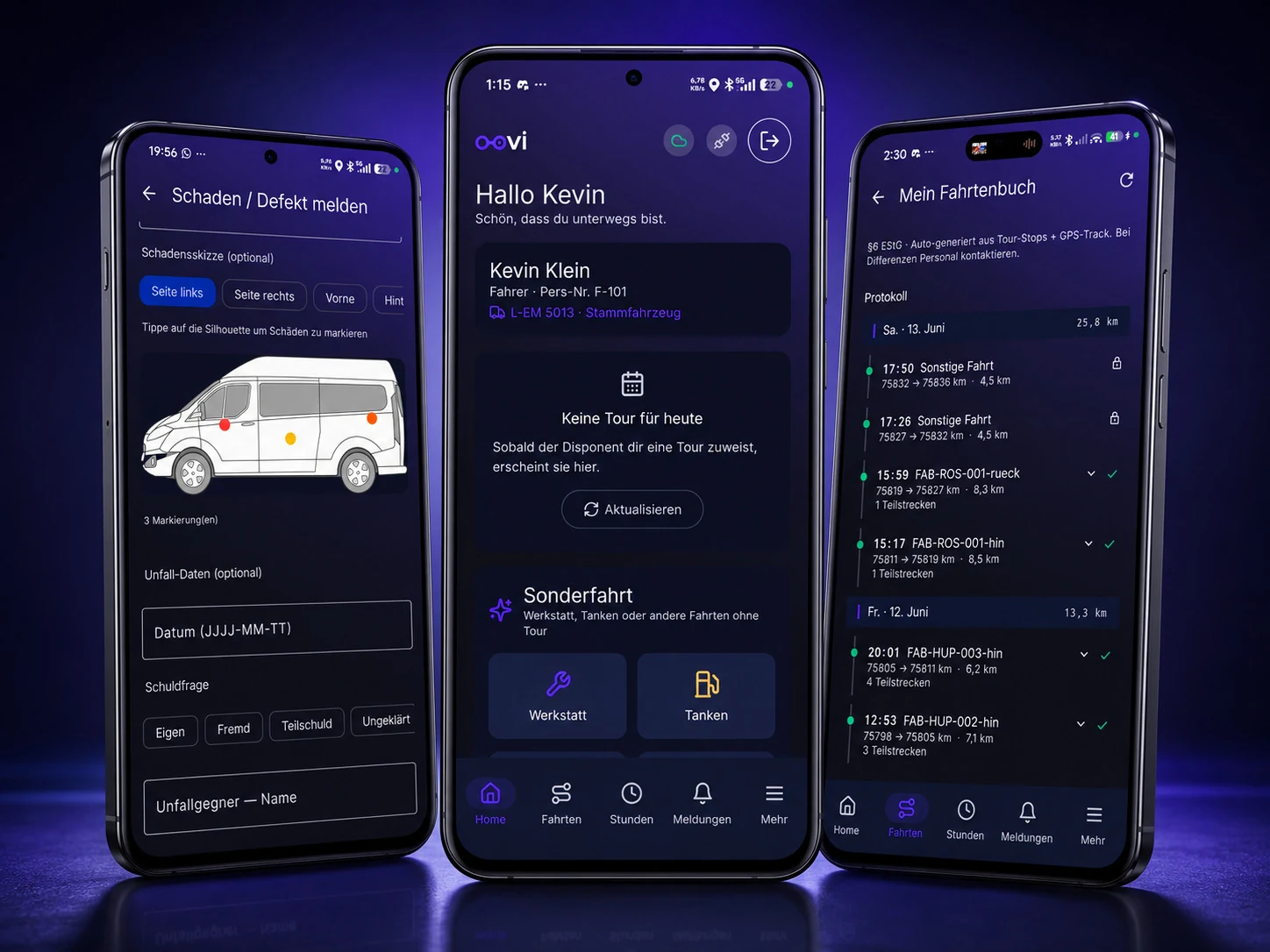 Fahrer-App von oovi auf drei Smartphones: Schadensmeldung mit Fahrzeugskizze, Startseite mit Sonderfahrten und Fahrtenbuch