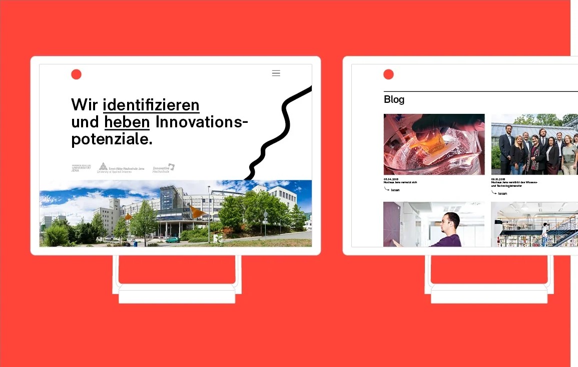 Website von Nucleus Jena auf zwei Bildschirmen: Startseite und Blog