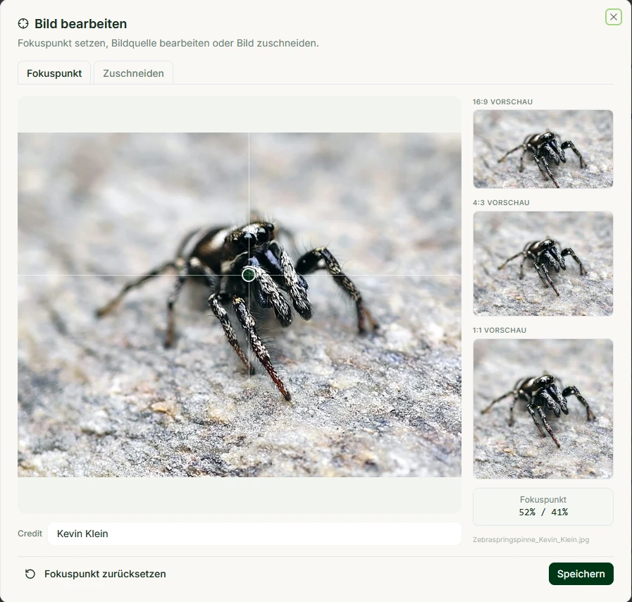 Redaktionssystem von mein Biotop: Fokuspunkt eines Fotos setzen, mit Vorschau in drei Formaten