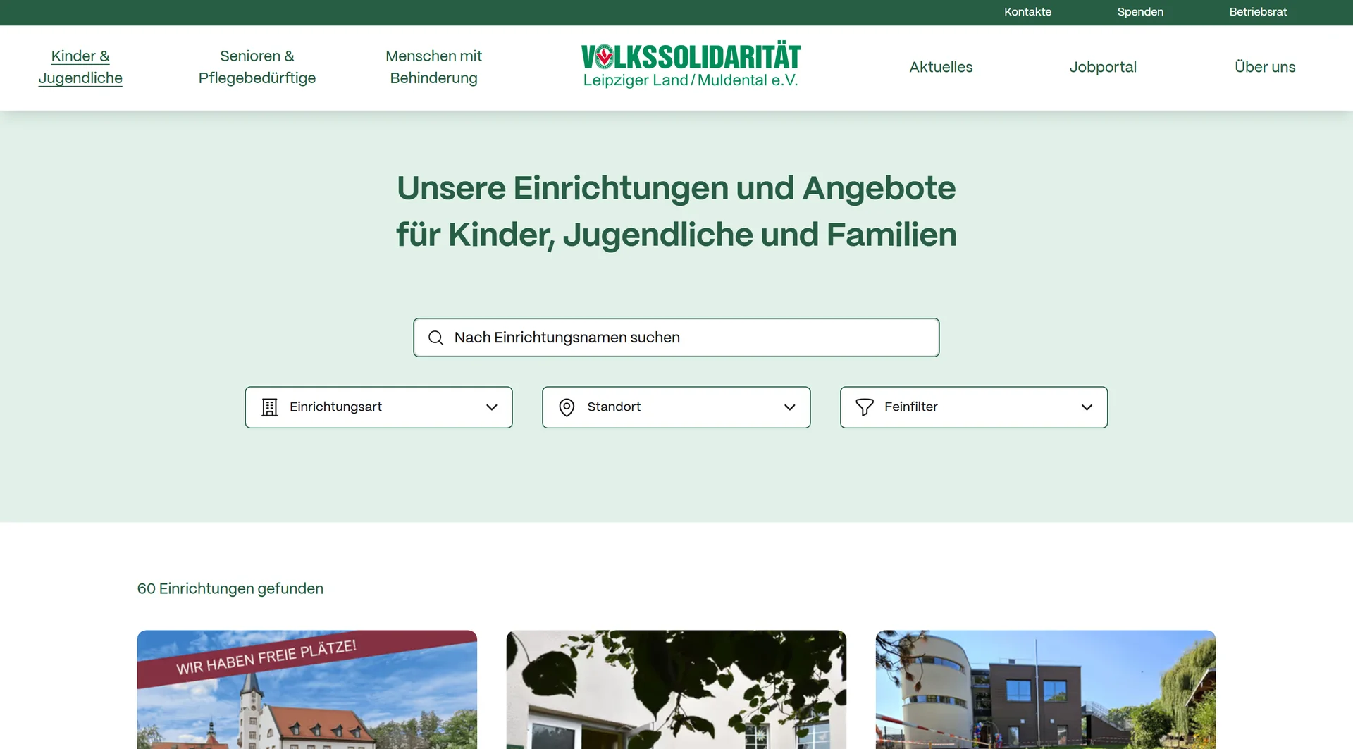 Einrichtungssuche auf vs-leipzigerland-mtl.de mit Filtern nach Art und Standort