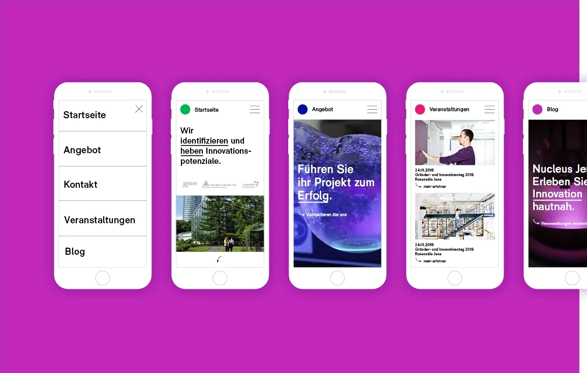 Seiten der Nucleus-Website auf mehreren Smartphones