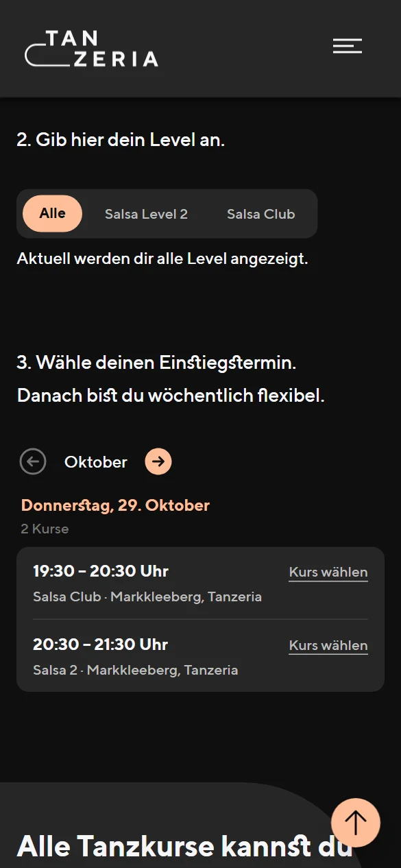 Kursfinder auf tanzeria.com am Smartphone: Level und Einstiegstermin wählen